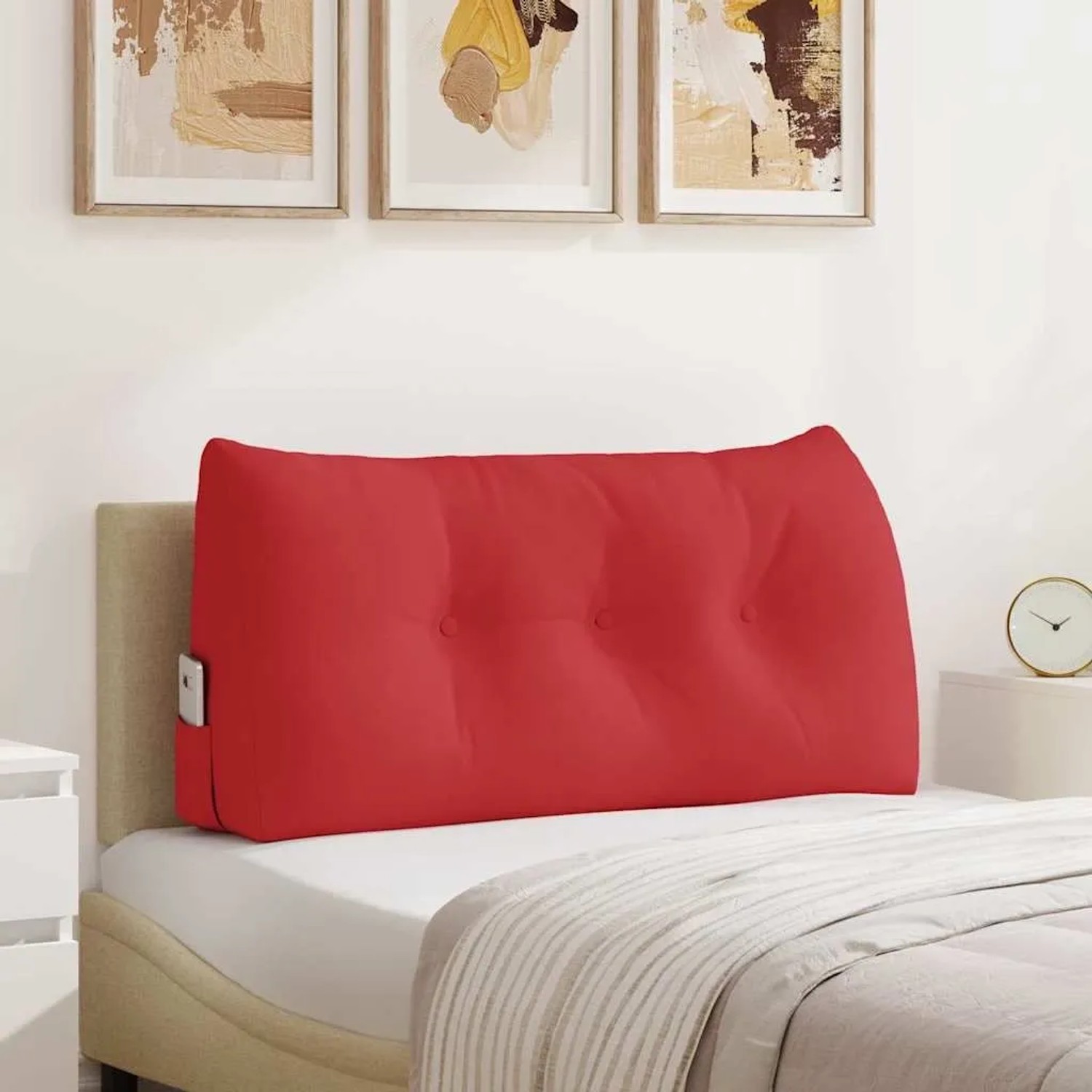 Rotes vidaXL Rückenkissen 100x24x50cm aus Stoff mit Knopfdesign am Bett.