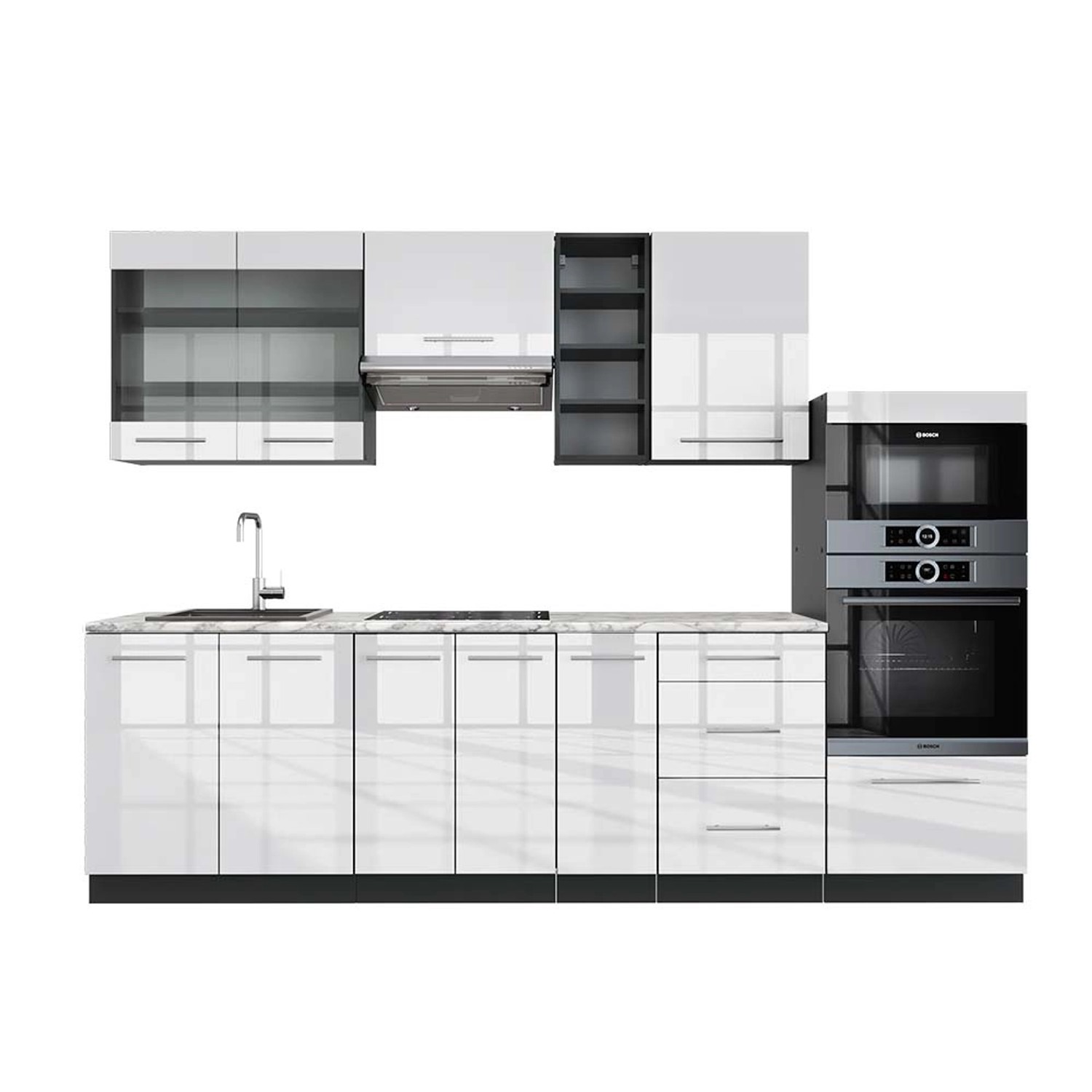 Vicco Fame-Line Küchenzeile Weiß Hochglanz/Anthrazit 280 cm AP Marmor günstig online kaufen