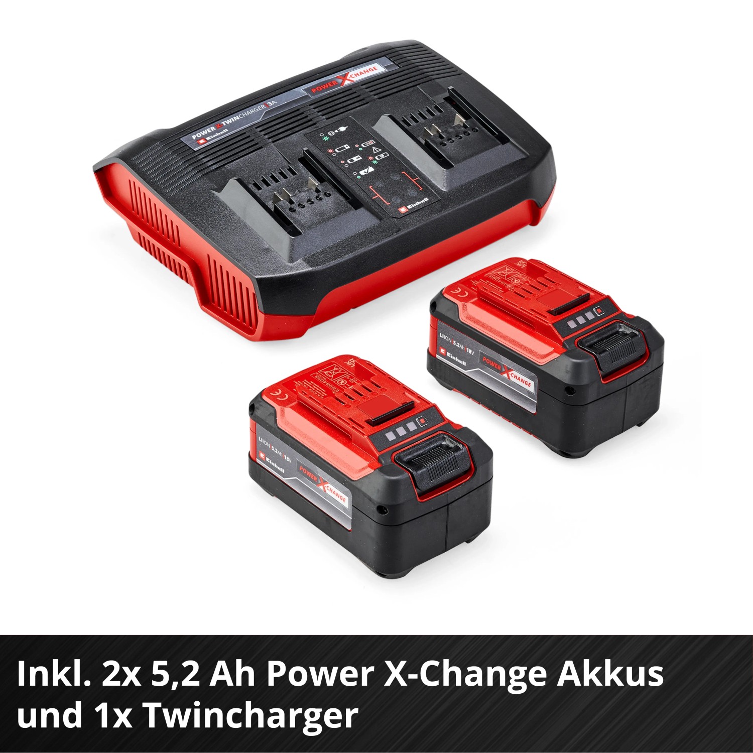 Einhell Power X-Change Akku-Set: 2 Akkus (5,2 Ah) und Twincharger für Rasenmäher.