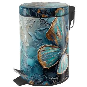 SANILO Kosmetikeimer Mariposa mit blau-goldener Schmetterlings-Optik und Fußpedal.
