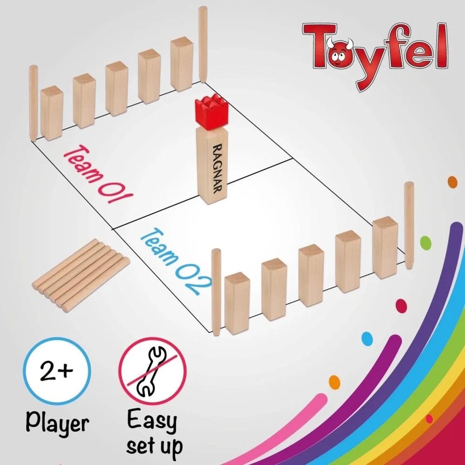 Toyfel Ragnar Kubb Wikingerschach Spielaufbau mit Holzklötzen, Wurfstäben und König auf Spielfeld.