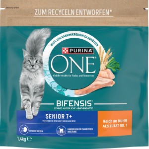 Purina One Katzenfutter Senior 7+ mit Huhn, 1,4kg Beutel. Trockenfutter für ältere Katzen.