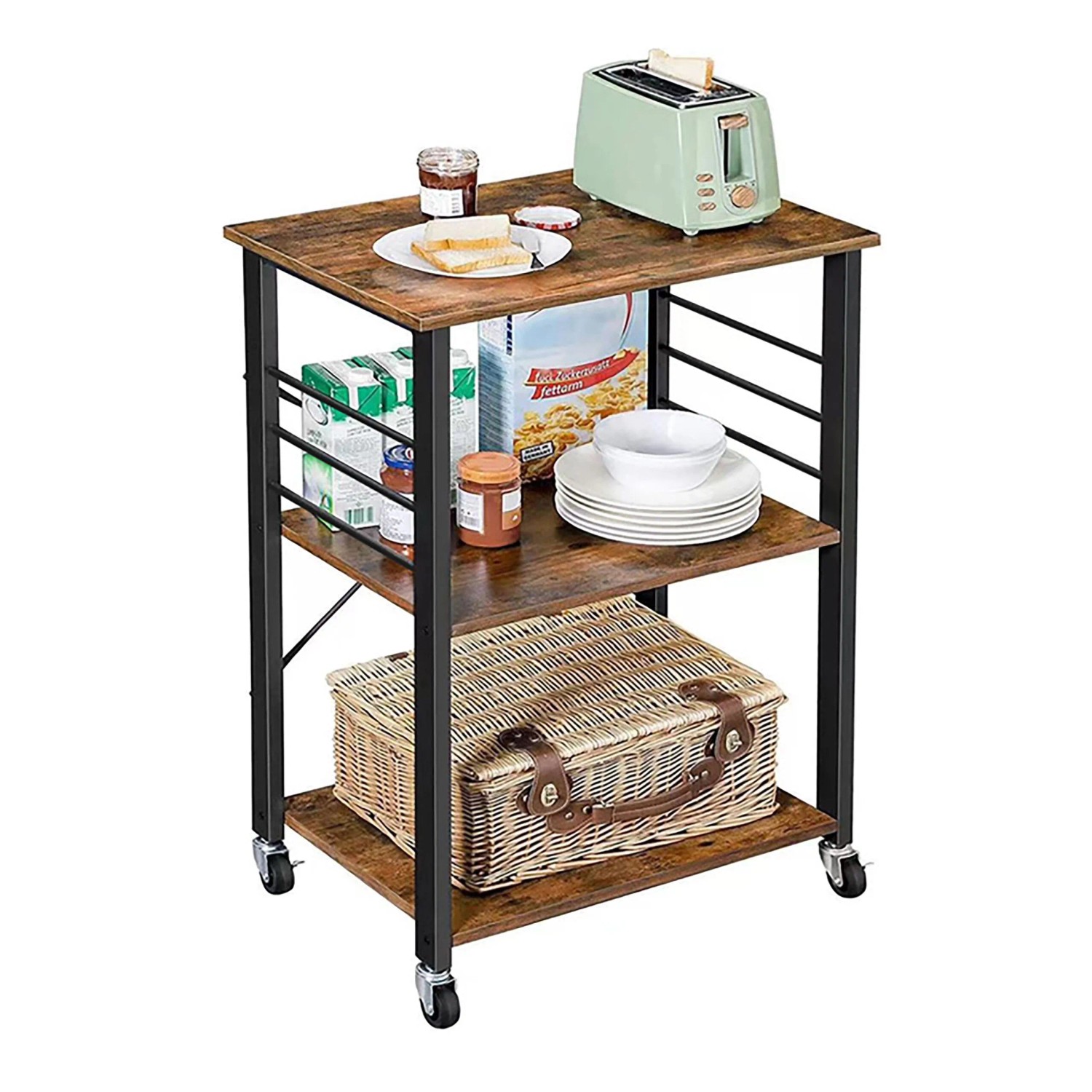 Relaxdays Küchenwagen Stahl MDF Schwarz 3 Ebenen mit Rollen Feststellbar 89 cm x 60 cm x 40 cm