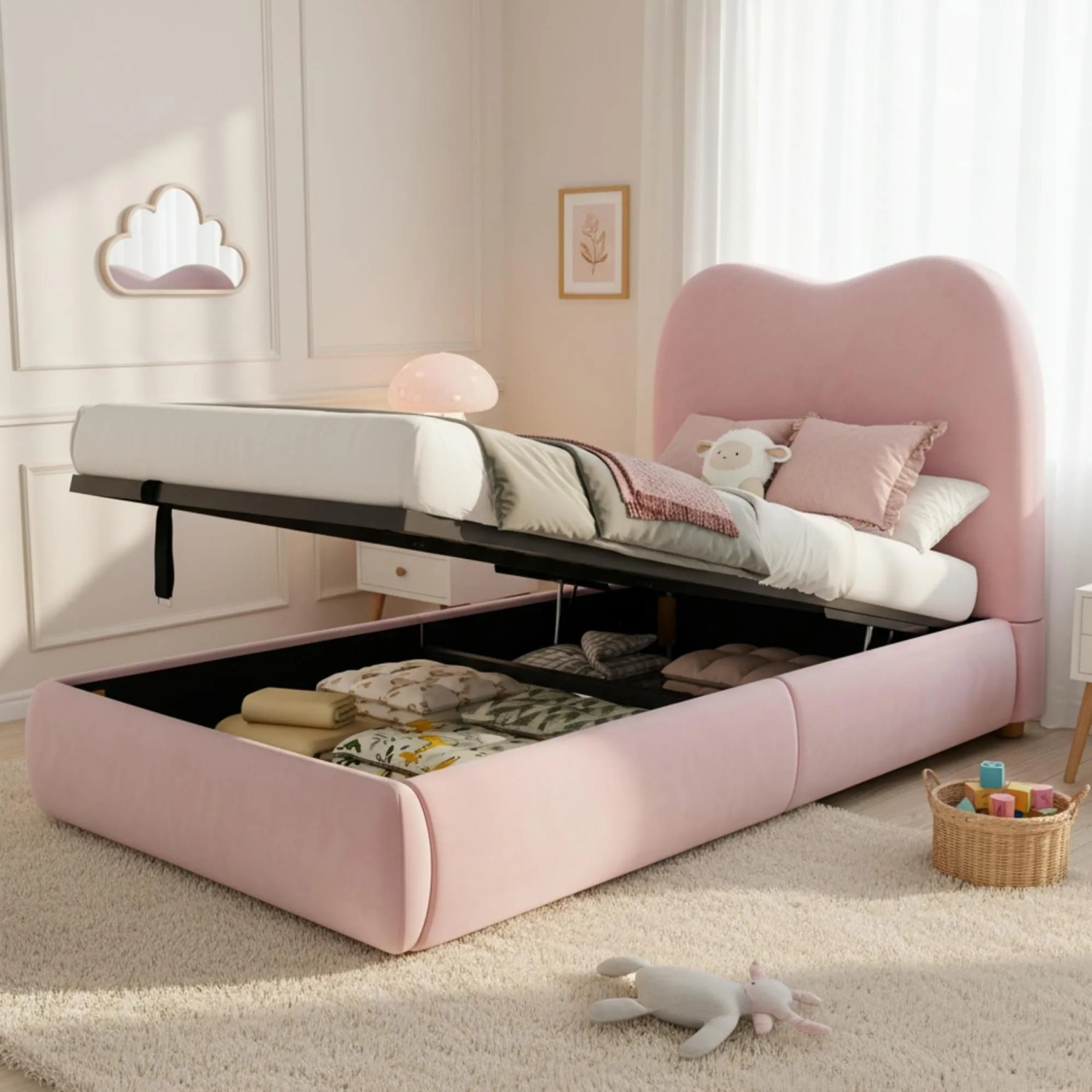 Merax Kinder Polsterbett 90 x 200 cm mit Stauraum Lattenrost Samt Rosa