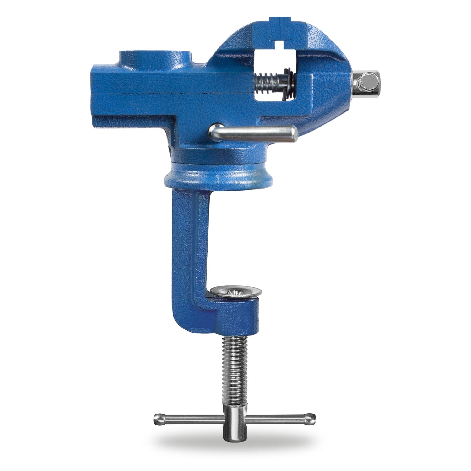 Blauer Mini Schraubstock mit Tischklemme, 360° drehbar, max. 70 mm Spannweite für Werkbank.