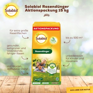 Solabiol Rasendünger Aktionspackung, 15 kg Sack für bis zu 500 m² Rasenfläche.
