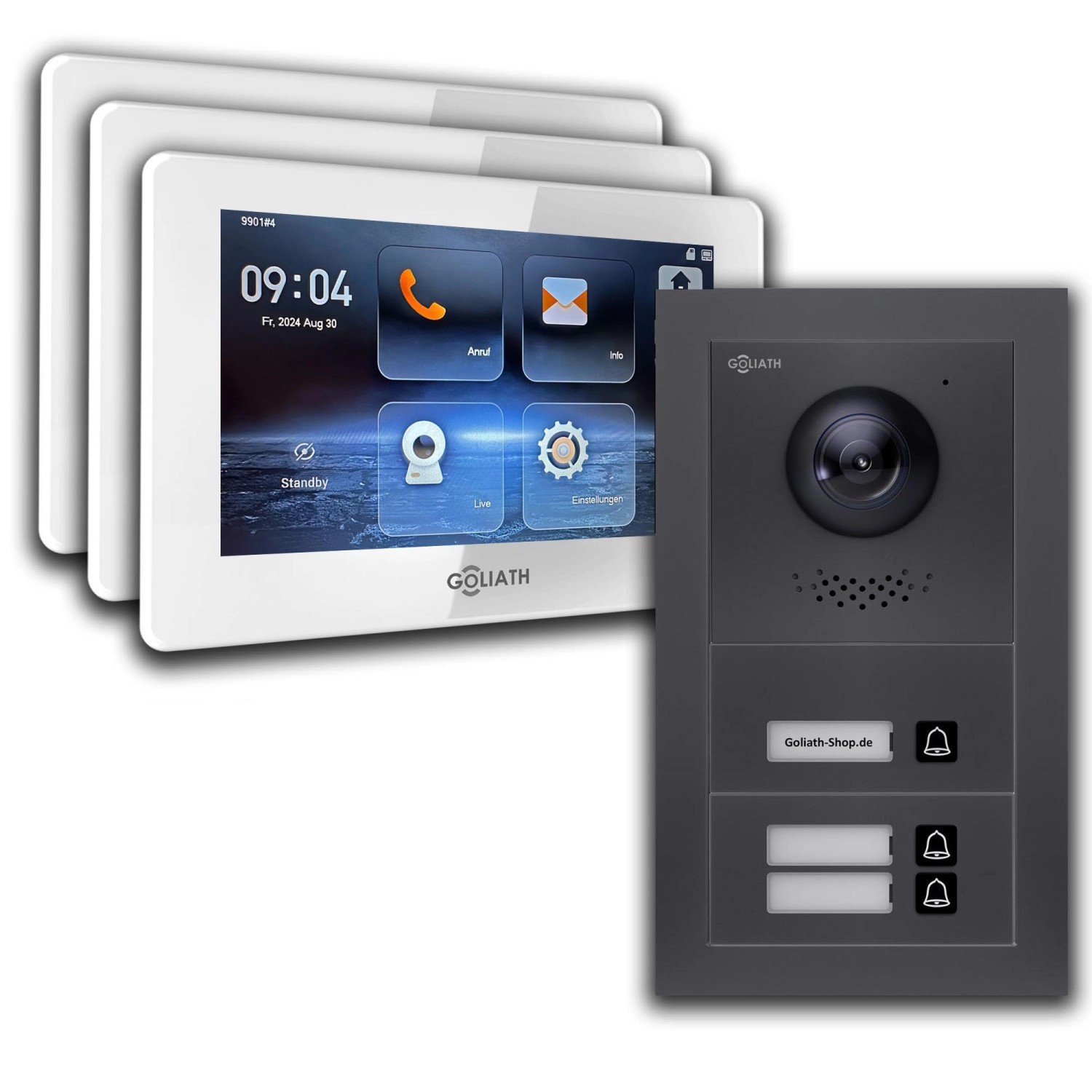 Goliath IP Video Türsprechanlage 3 Familienhaus 7 Zoll Weiß App Anthrazit Unterputz