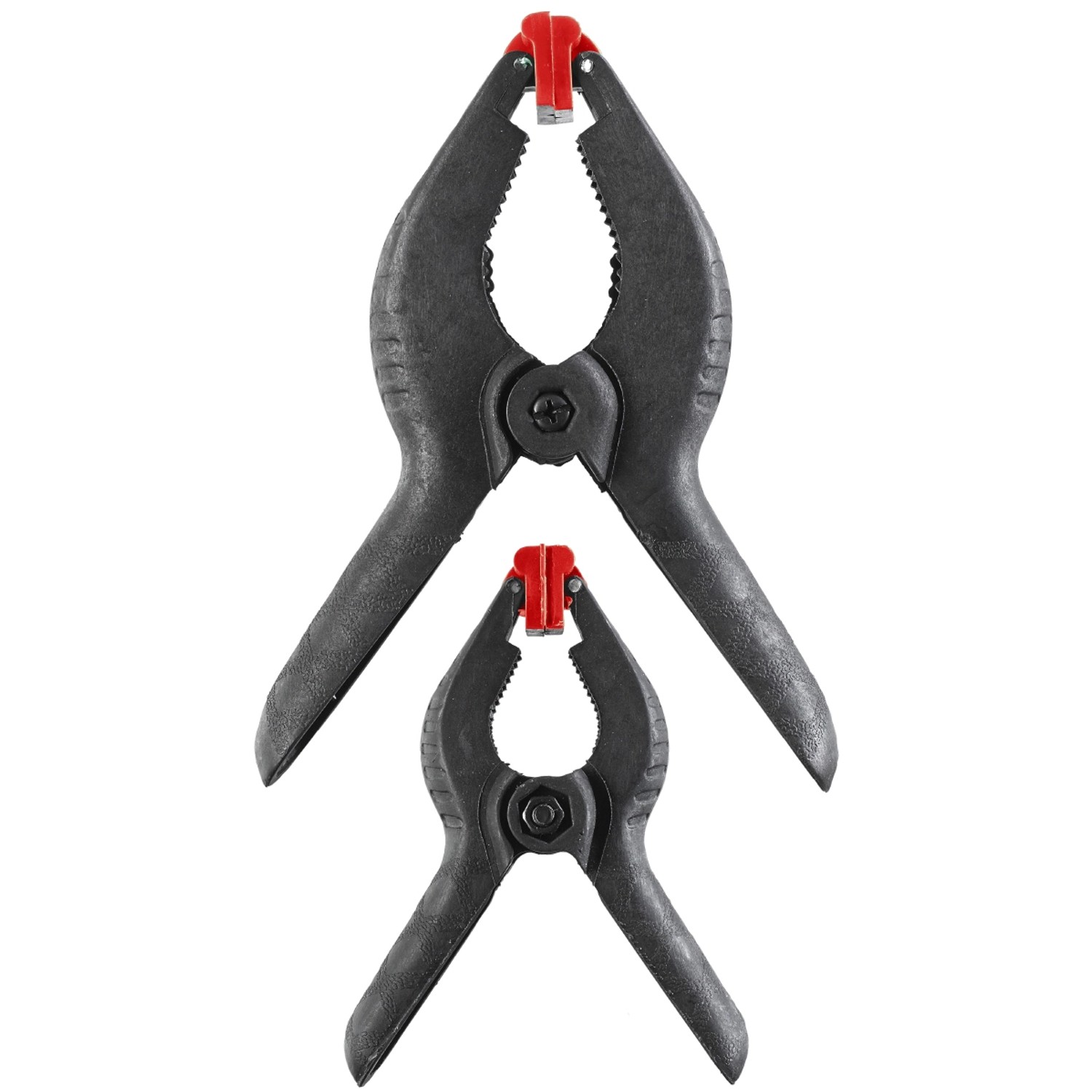 Zwei schwarze Federzwingen mit roten Spitzen, Teil des kwb Werkzeugkoffers.