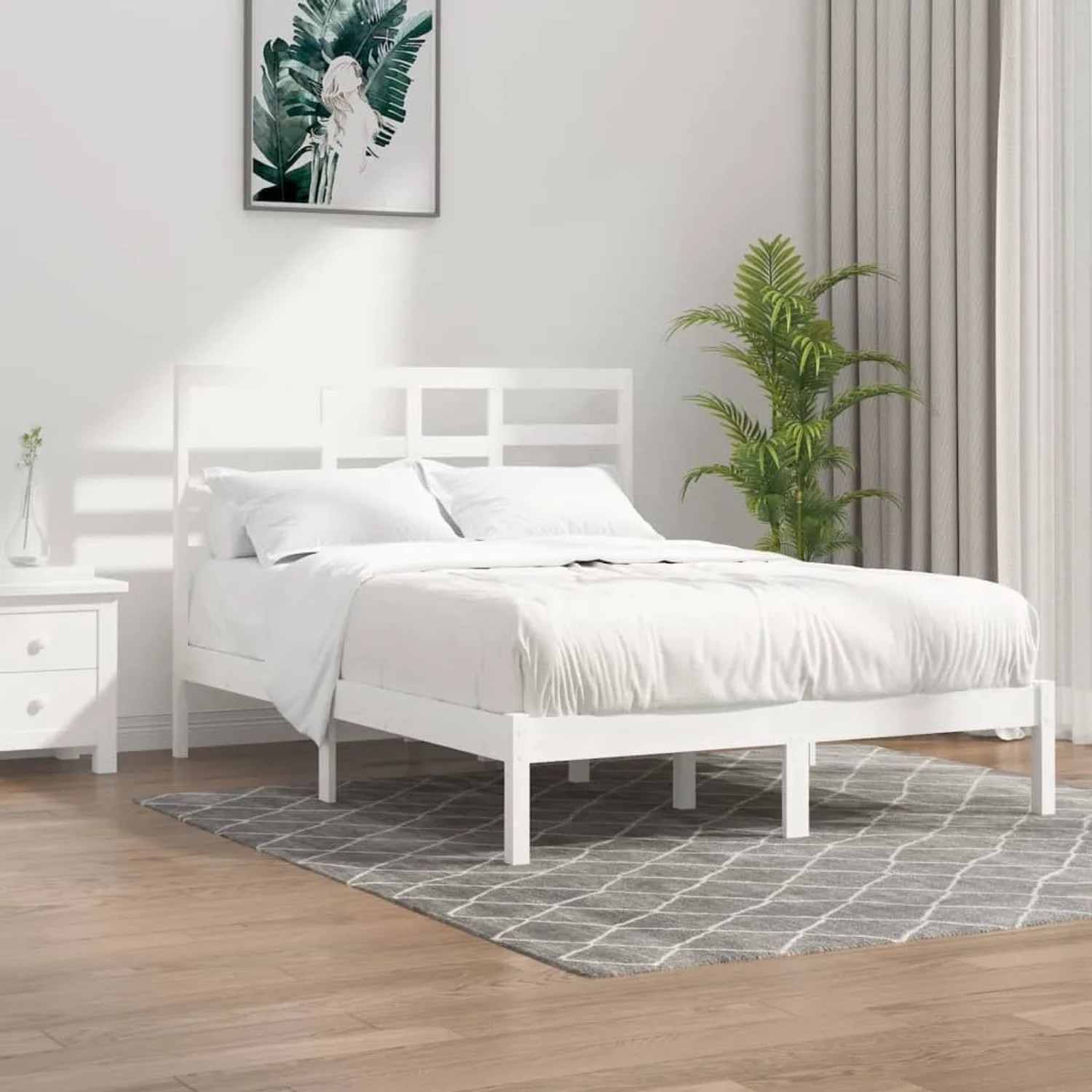 Weißes Massivholzbett 140x190 cm mit Lattenrost und Kopfteil für Schlafzimmer.