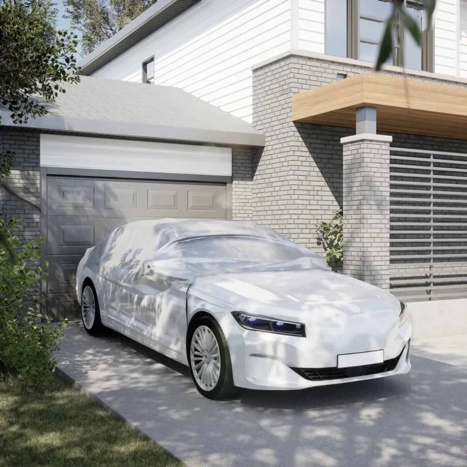 Silberne vidaXL Autoabdeckung Halbgarage XL schützt Auto vor Frost, UV-Strahlen und Schmutz.