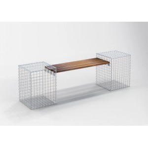 Gabiona 2-Gabionenbank mit Cumaru-Holz Sitzfläche, Maschenweite 5x5 cm. Gartenbank für Einfassungen & Mauersysteme.