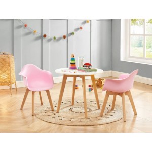 Runder Vente-unique Louloune Kindertisch, weiß, 60 cm, mit hellen Holzbeinen und zwei pinken Stühlen im skandinavischen Design.