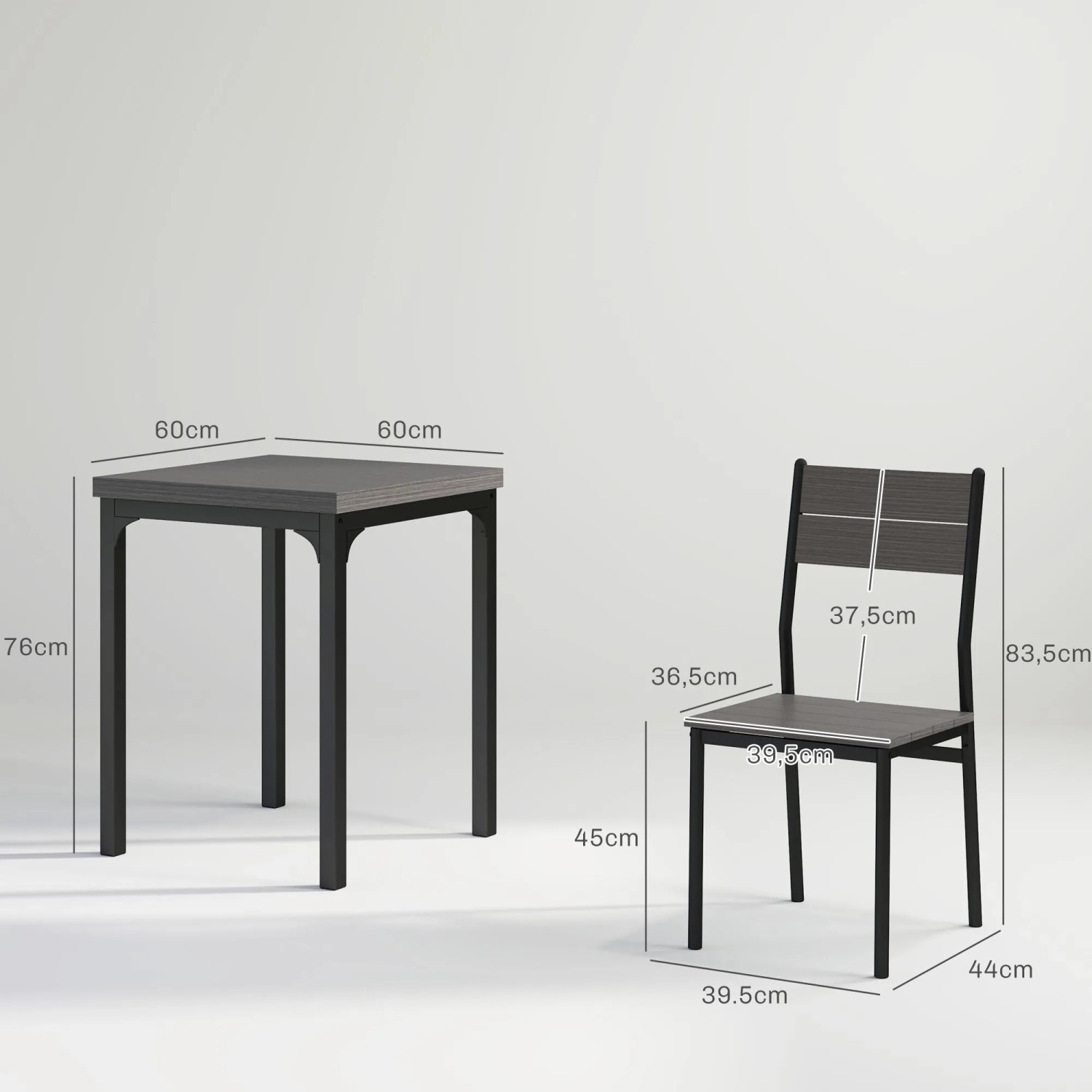 HOMCOM Essgruppe, Tisch (60x60x76 cm) mit zwei Stühlen, grau und schwarz.