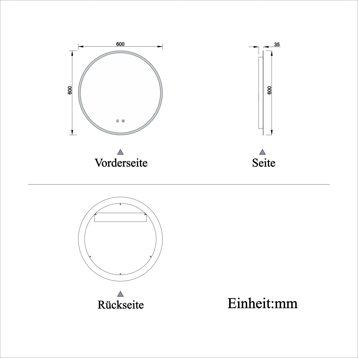 Technische Zeichnung: Aica Sanitär Badspiegel, rund, 60 cm Durchmesser, Vorder-, Seiten- und Rückansicht.