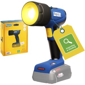 Rapid LED-Arbeitsleuchte 18V, blau-schwarz, leuchtend, mit einstellbarem Lichtkegel. Akkubetriebener Baustrahler.