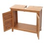 Bambus Waschbeckenunterschrank 60x67x30cm mit offenen Lamellentüren und Siphon-Aussparung.