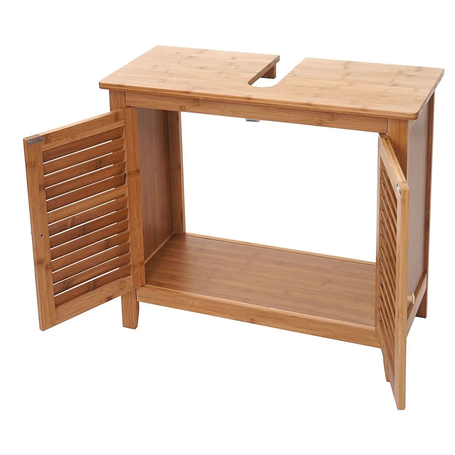 Bambus Waschbeckenunterschrank 60x67x30cm mit offenen Lamellentüren und Siphon-Aussparung.