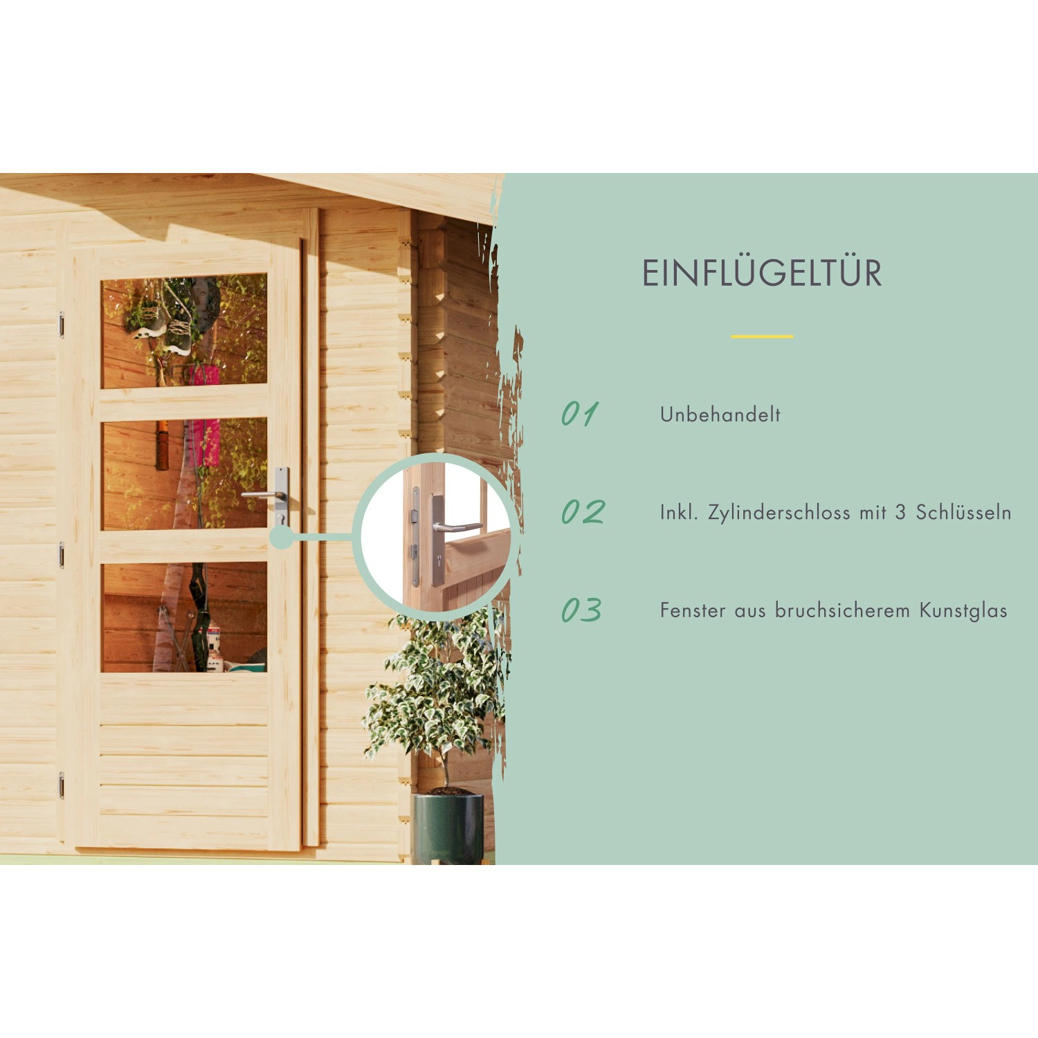 Detailansicht der Tür vom Karibu Holz-Gartenhaus Skanderborg Natur, unbehandelt mit Zylinderschloss.