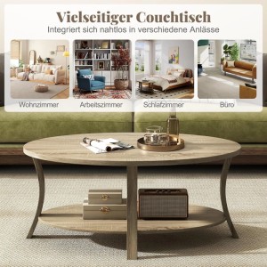 Costway Couchtisch Oval 2-Stöckig 111 x 60,5 x 47 cm Eiche