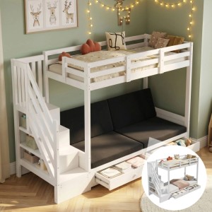Weißes Merax Etagenbett 90x200cm mit Treppe, Sofa und Schubladen. Praktischer Stauraum für Kinderzimmer.