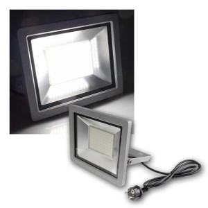 ChiliTec LED Fluter 100W, silbernes Aluminiumgehäuse. Zeigt helles Tageslicht und Stromkabel mit Stecker.