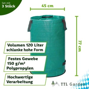 TTL GARDEN Gartensack 120 L 3er Set – Laubsack Mit Griffen Selbststehend Für Gras Gartenabfall Grünschnitt