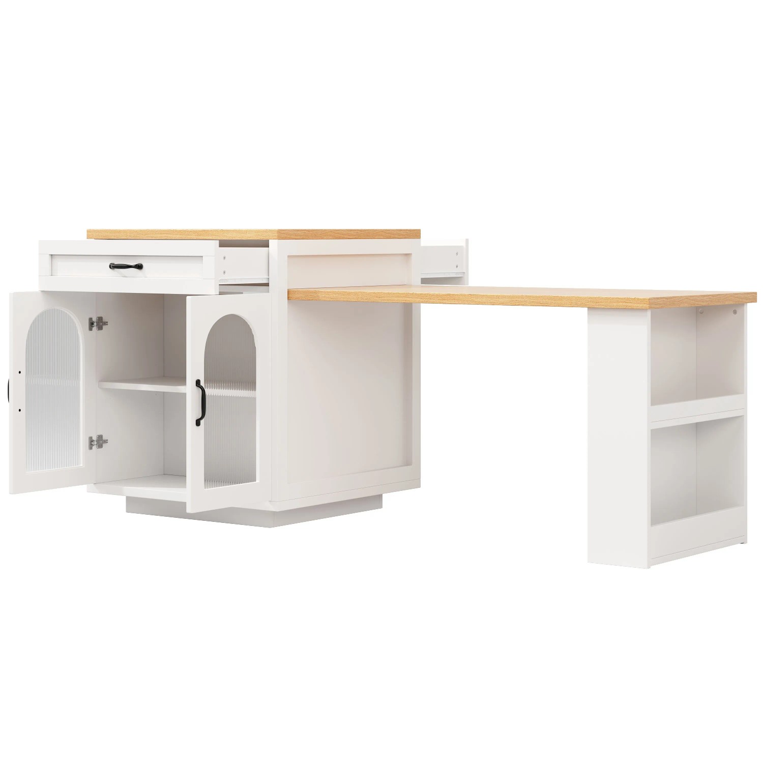 okwish Kücheninsel mit Ausziehbar LED Beleuchtung Schubladen Glastüren 126-196x59x94cm Weiß