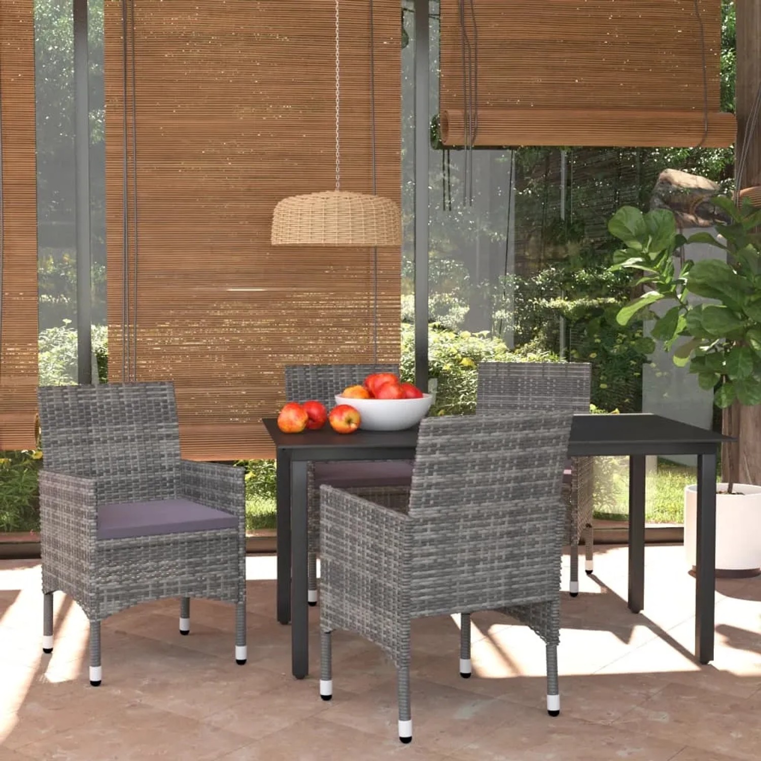 Graue 5-tlg. vidaXL Garten-Essgruppe aus Rattan mit Tisch und Stühlen mit Kissen.