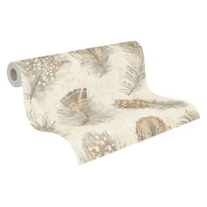 PROFHOME Tapete mit Federn in Creme, Gold, Grau-Beige und Hellbraun.