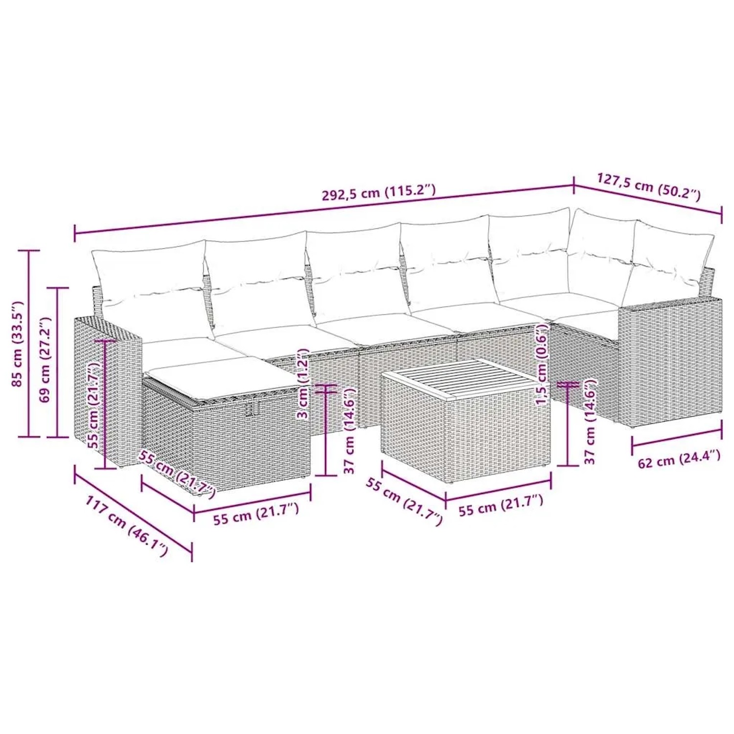 vidaXL Garten-Sofagarnitur, 8-teilig, beige Poly Rattan, mit Maßen. Ideal für Terrasse und Garten.