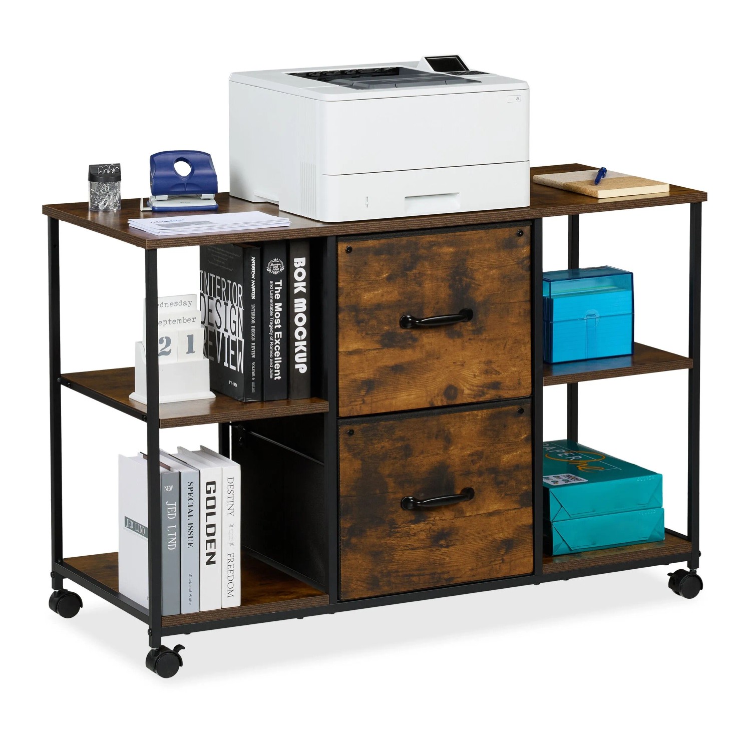 Relaxdays Rollcontainer MDF Stahl Braun Schwarz Mobil Verstellbar 67 cm x 100 cm x 40 cm 14,7 kg