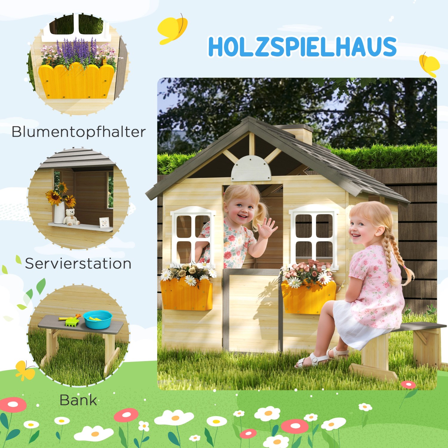 Outsunny Kinderspielhaus aus Holz mit Bank und Blumentöpfen, natur/grau/weiß. Kinder spielen im Garten.