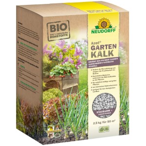 Neudorff Azet Gartenkalk 2,5 kg in brauner Packung mit gelbem Etikett, Aufschrift BIO, Gartenmotiv und Kalkpellets.
