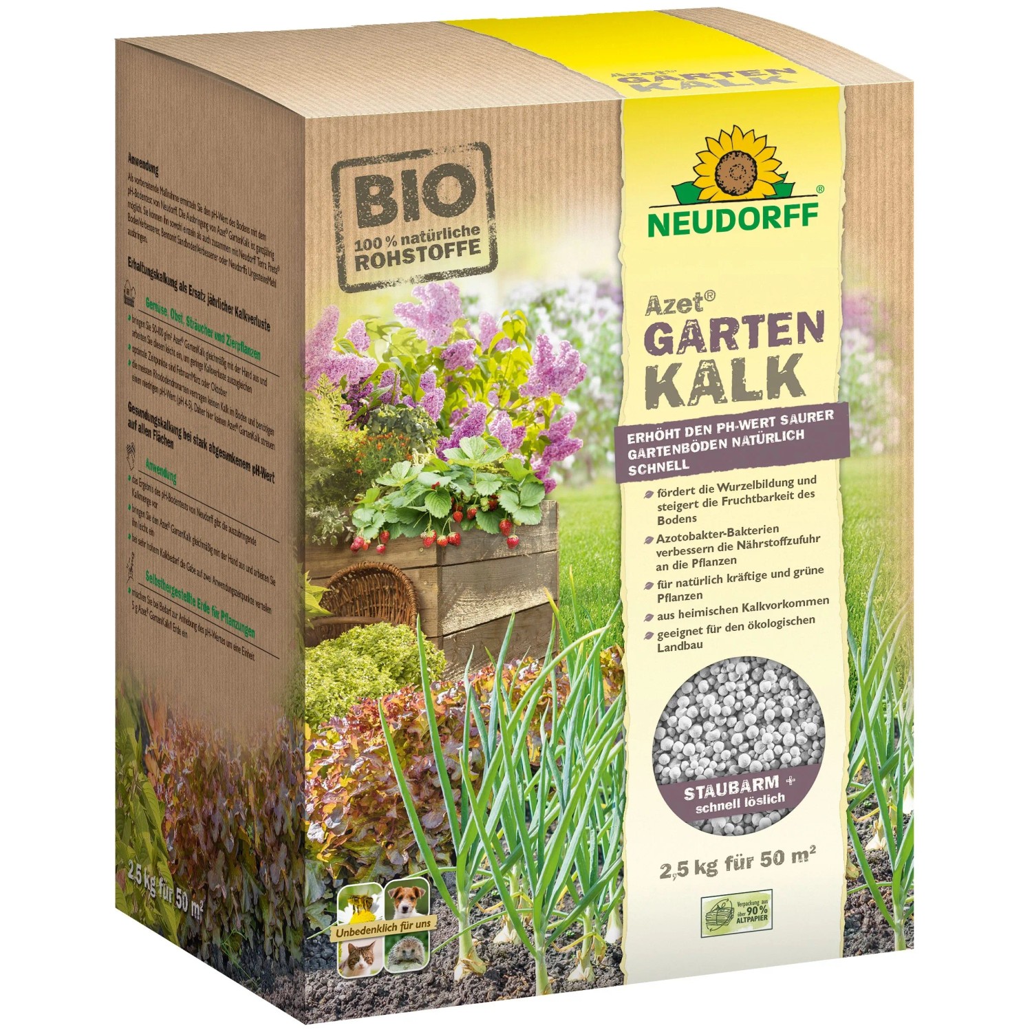 Neudorff Azet Gartenkalk 2,5 kg in brauner Packung mit gelbem Etikett, Aufschrift BIO, Gartenmotiv und Kalkpellets.