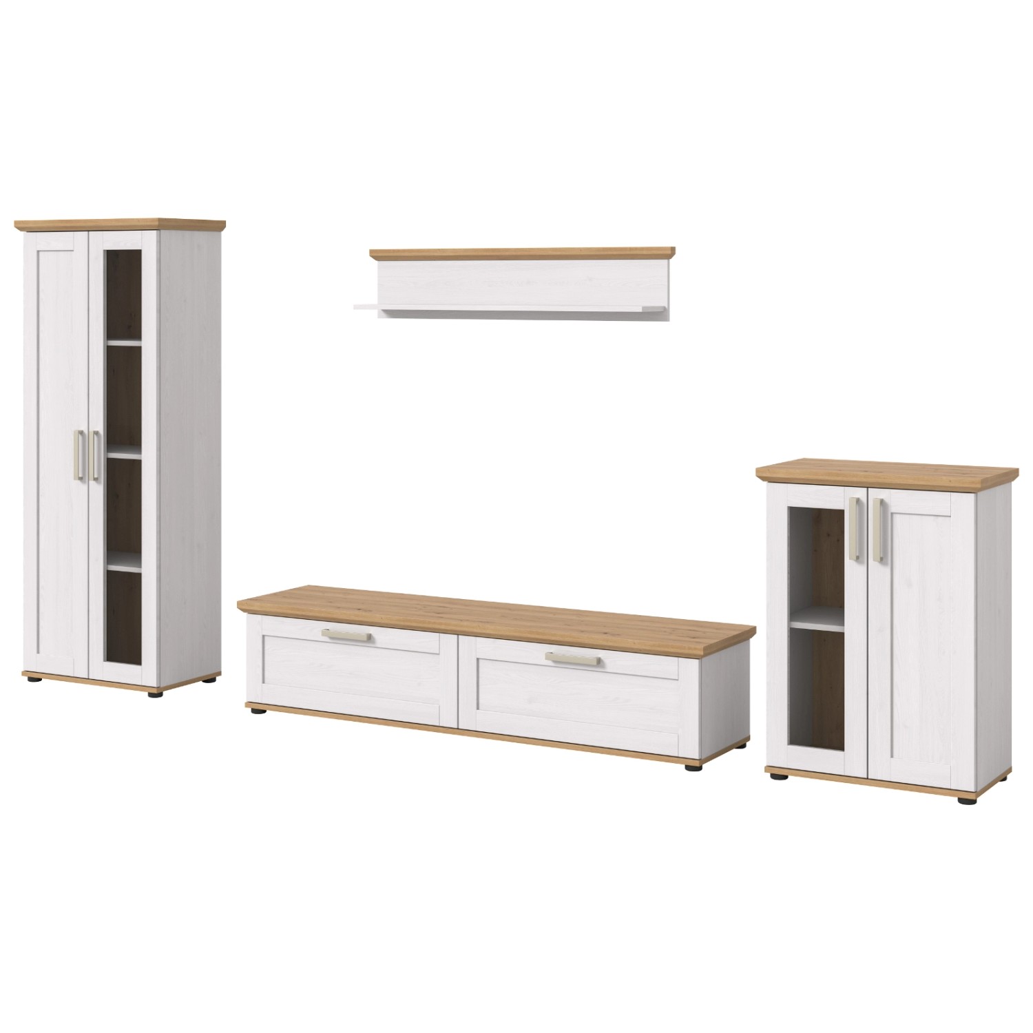 Inn.Furn Schrankwand 4-teilig in Weiß Lärche Landhaus Wohnwand 316 cm Miran günstig online kaufen