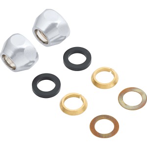 Quetschüberwurfmuttern (2 Stk.) mit Dichtungen und Einlegeringen für 12 mm Rohre.