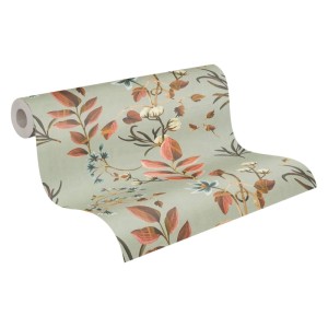 PROFHOME Vliestapete mit Blumenmuster in Oliv, Grau, Blau und Rot-Braun.