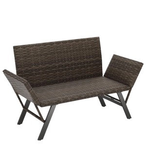 Dunkelgraue Rattan-Gartenbank mit verstellbaren Armlehnen, als Sofa oder Liege. Robuste Gartenmöbel.