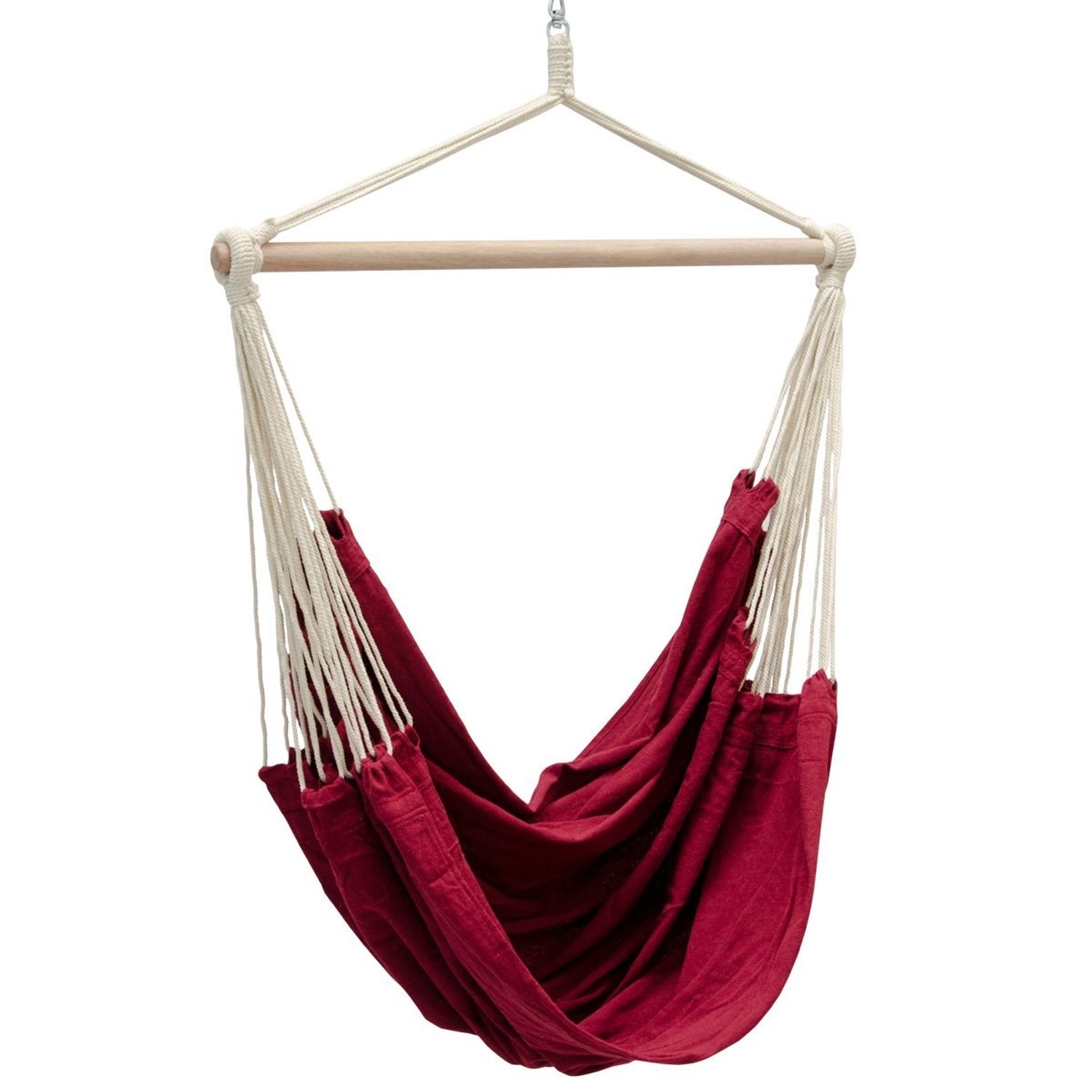 AMANKA Hängesessel Rot mit Gestell. XL Schaukelsessel aus Baumwolle mit Holzstab und Seilaufhängung.