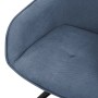 Detailansicht: Blauer, drehbarer Esszimmerstuhl mit Webstoffbezug und Armlehne.