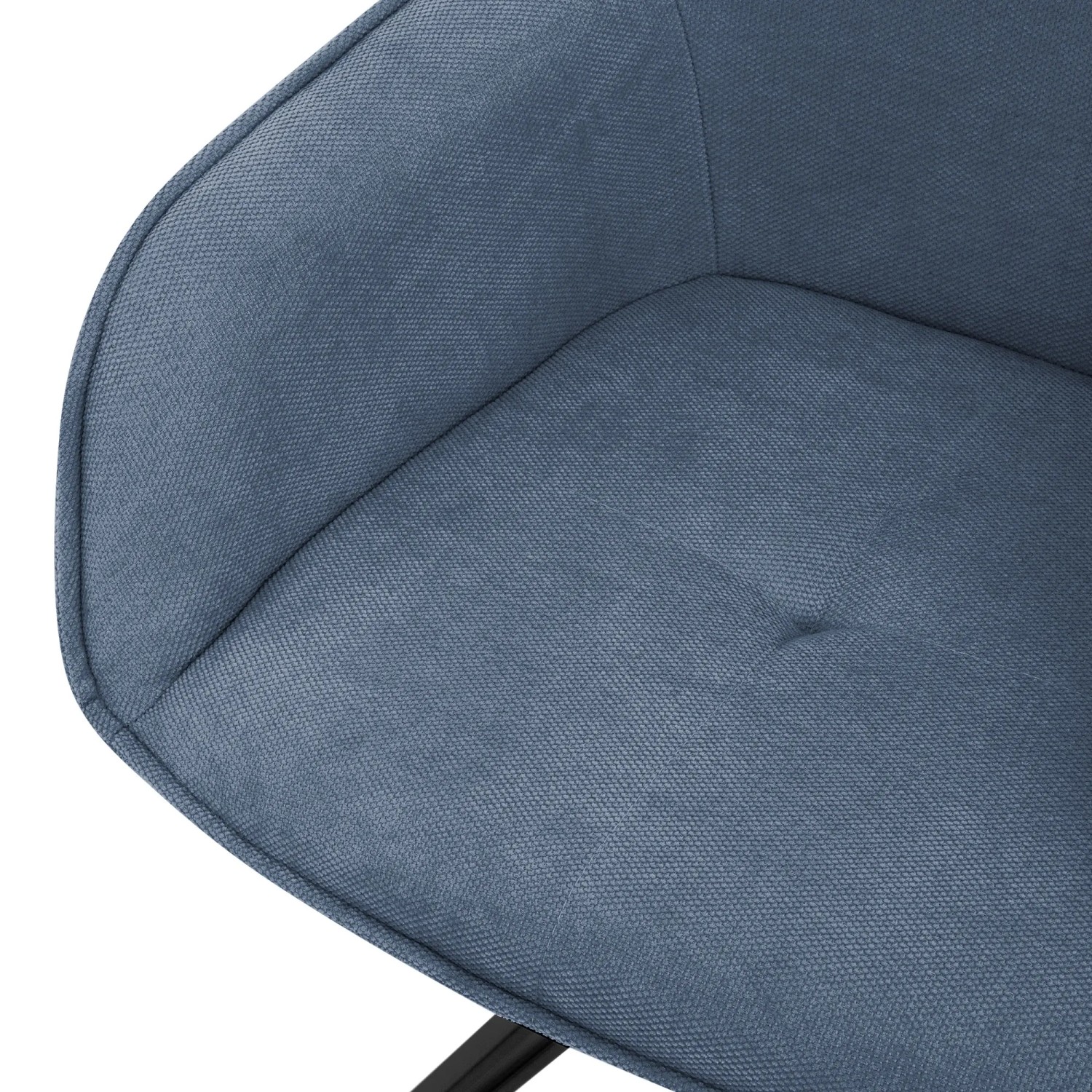 Detailansicht: Blauer, drehbarer Esszimmerstuhl mit Webstoffbezug und Armlehne.