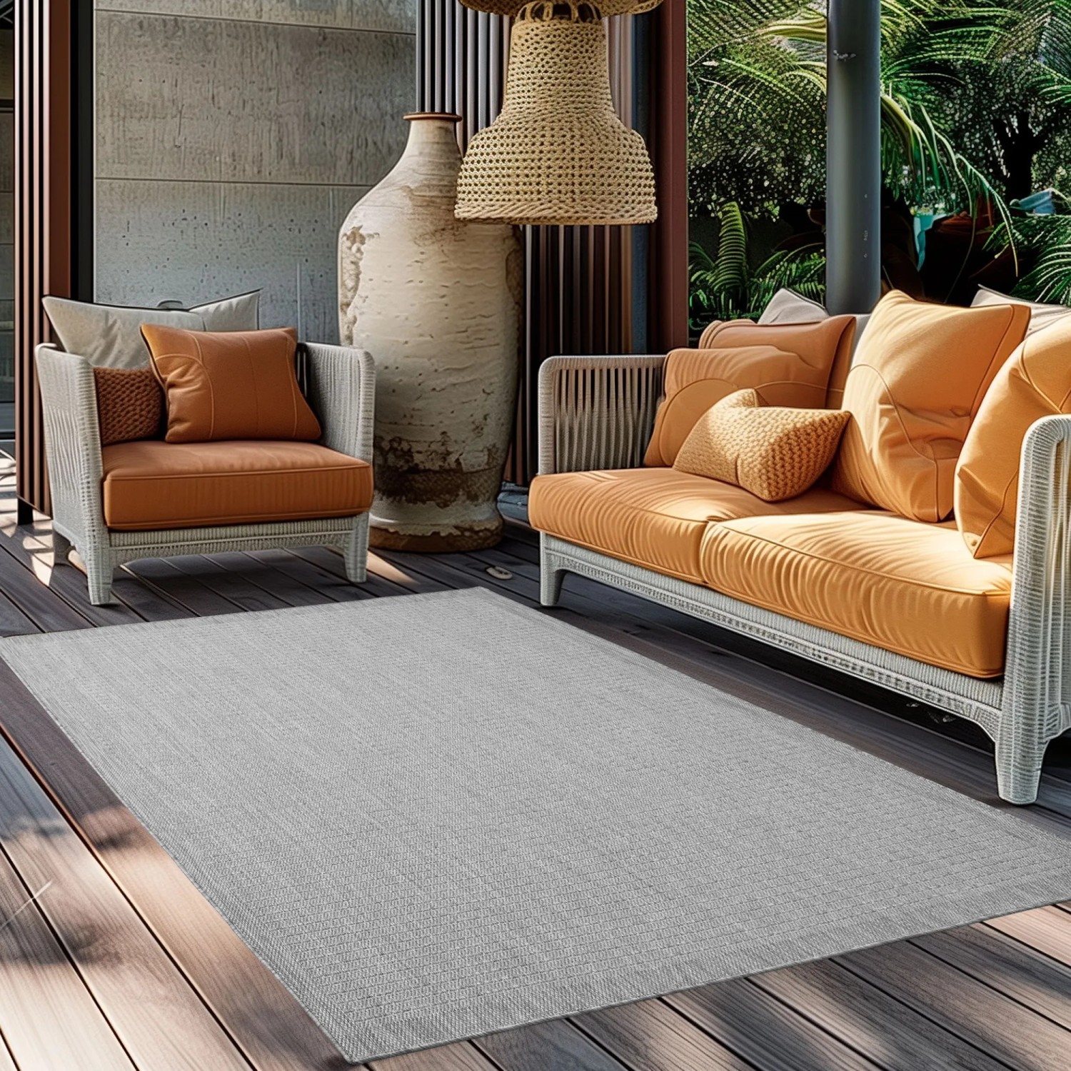 Grauer Ayyildiz Outdoor-Teppich Giza (120x170 cm) auf einer Terrasse mit Möbeln.