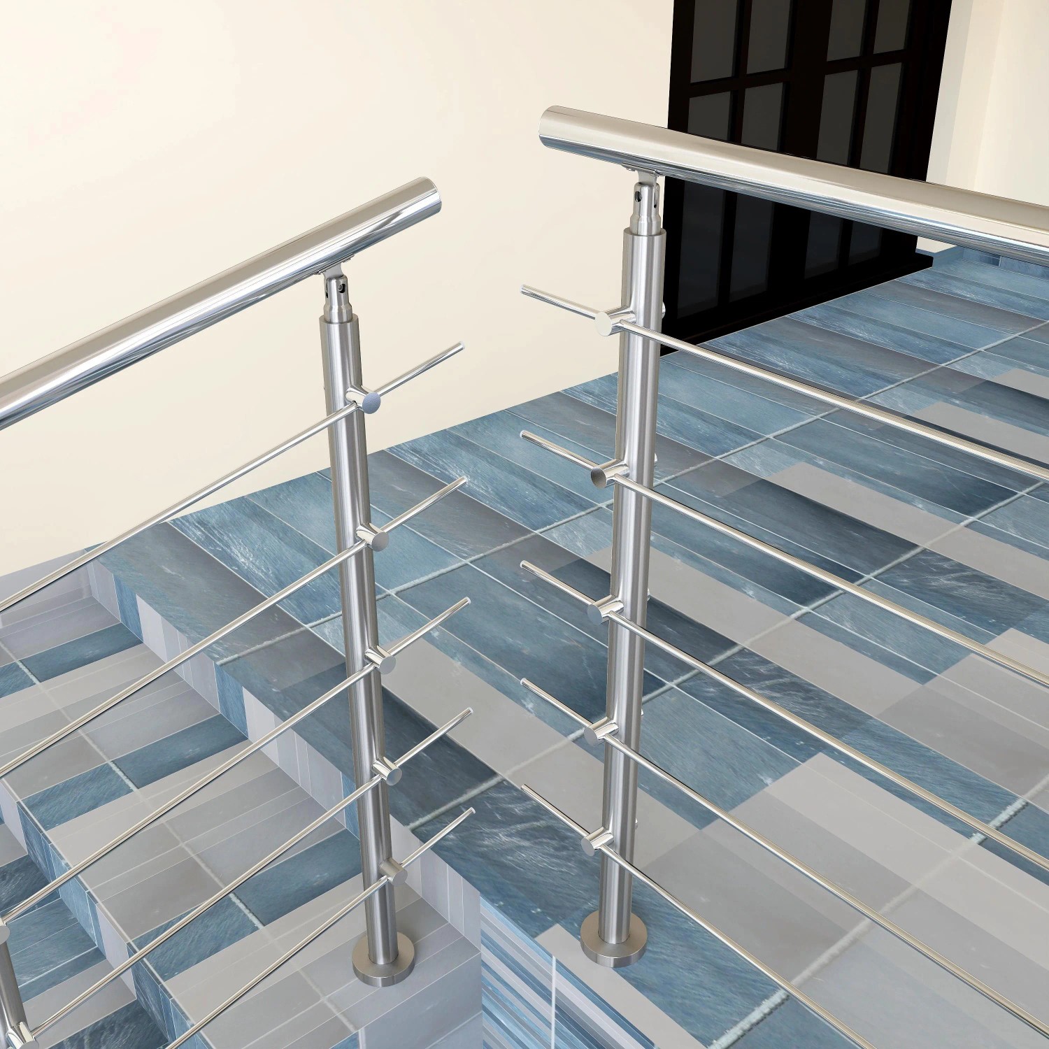Modernes Edelstahl Geländer mit 5 Querstäben auf blauer Treppe. Ideal für Innen & Außen.