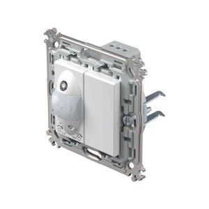 Weißer TEM MODUL PLUS Bewegungsmelder für Unterputzmontage mit Sensor und Schaltelement auf Metallrahmen.