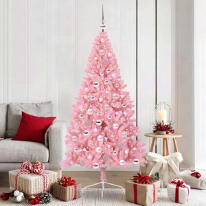 Rosa, künstlicher Weihnachtsbaum (180 cm) mit LED-Beleuchtung und silbernen Kugeln.