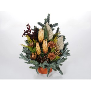 Garnierte Grabschale Nobilis (22 cm) mit Naturdeko, Palmspeer, Lotusblüten und saisonalen Pflanzen.