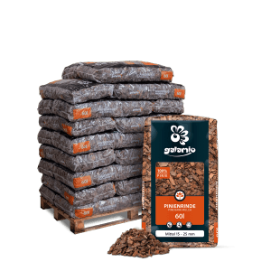 Palette Galamio Pinienrinde Mittel, 26 Säcke à 60l. Dekorative Bodenabdeckung.