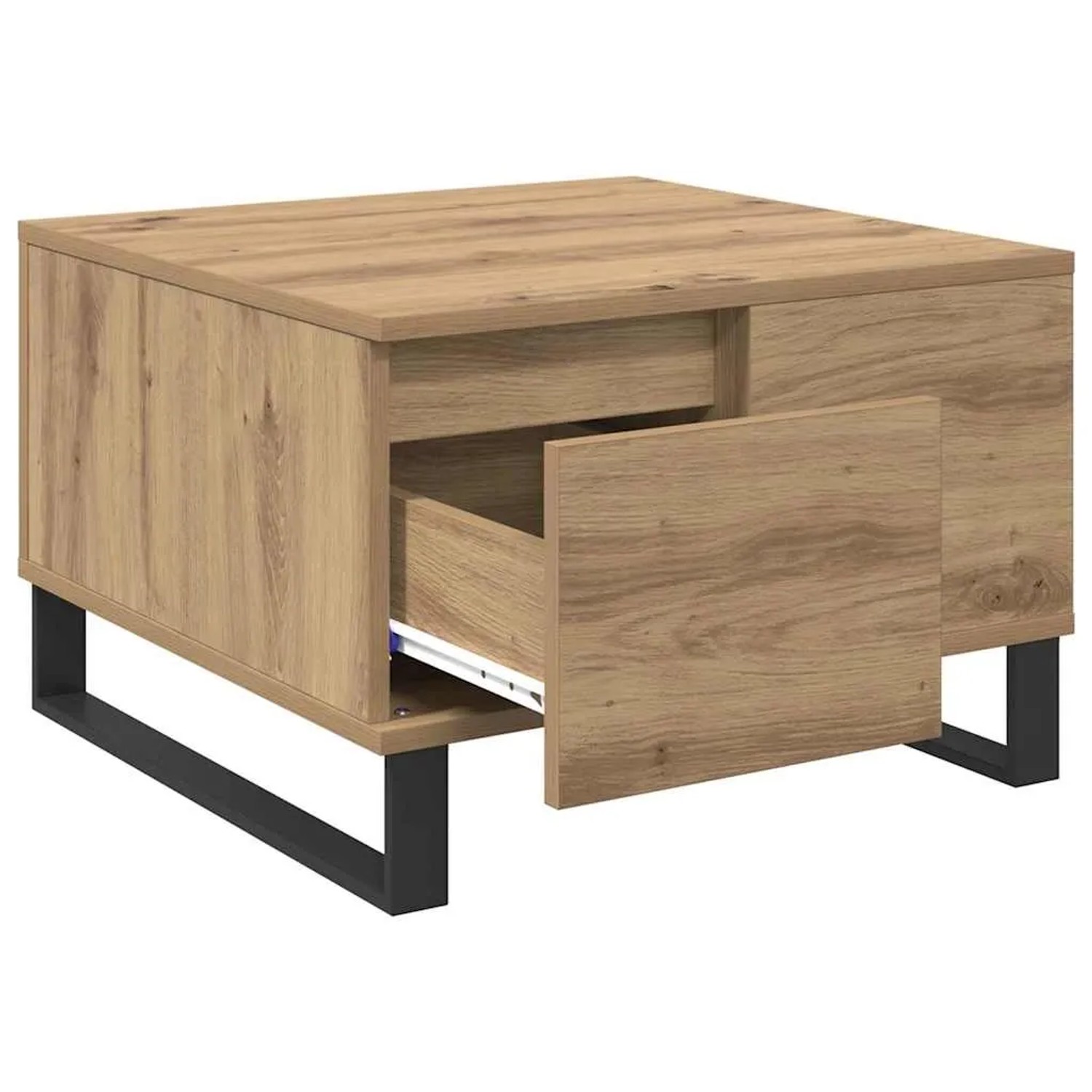 Quadratischer Couchtisch in Artisan-Eiche mit Schublade und schwarzen Metallfüßen.