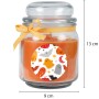 Orangefarbene Duftkerze im Glas mit Halloween-Motiv und Schleife, 70h Brenndauer.