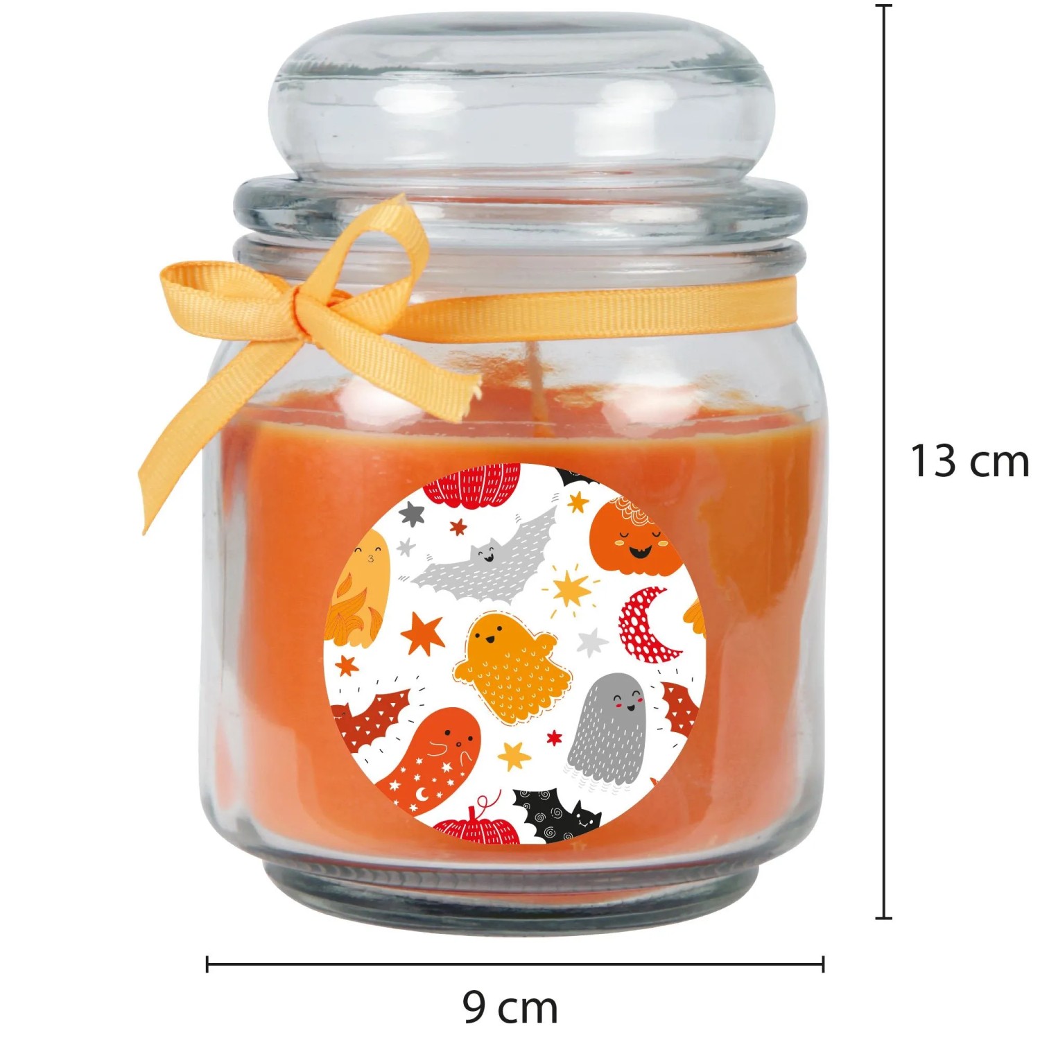 Orangefarbene Duftkerze im Glas mit Halloween-Motiv und Schleife, 70h Brenndauer.